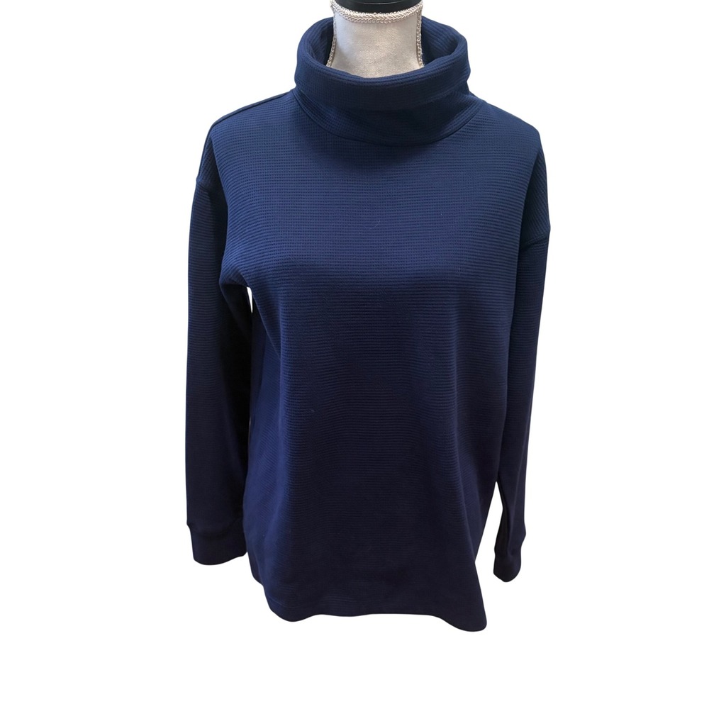 Lands End Women's Navy Blue Waffle Knit Turtleneck Top Sz Medium Preppy Coastal